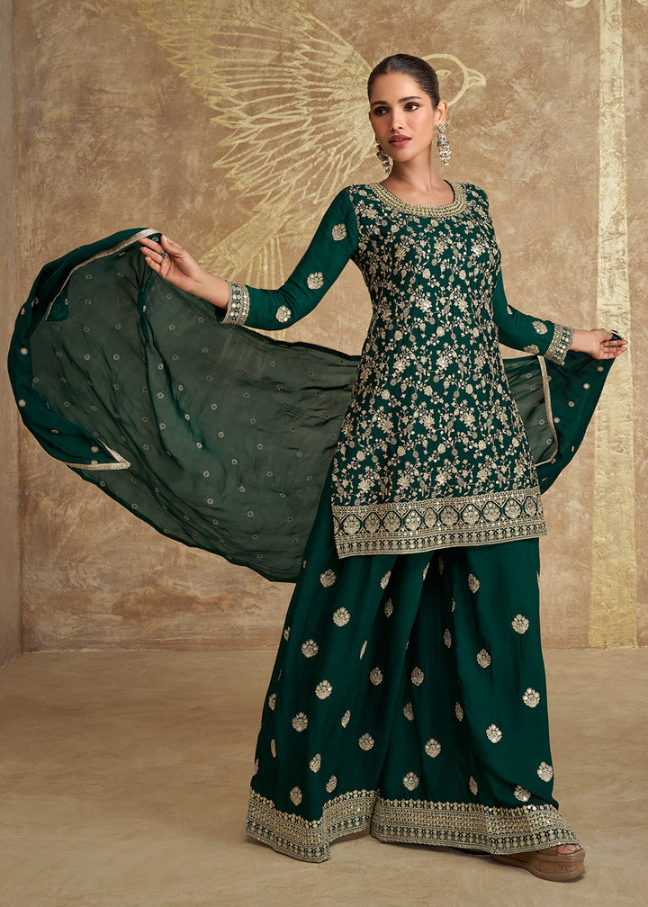 Shop Now Real Chinnon Silk Bottle Green Embroidered Sharara Suit Online at Empress Clothing in USA, UK, Canada, Germany, Australia & Worldwide. 