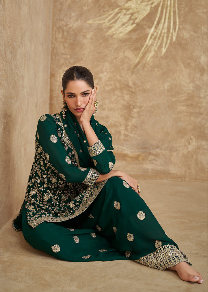 Shop Now Real Chinnon Silk Bottle Green Embroidered Sharara Suit Online at Empress Clothing in USA, UK, Canada, Germany, Australia & Worldwide. 