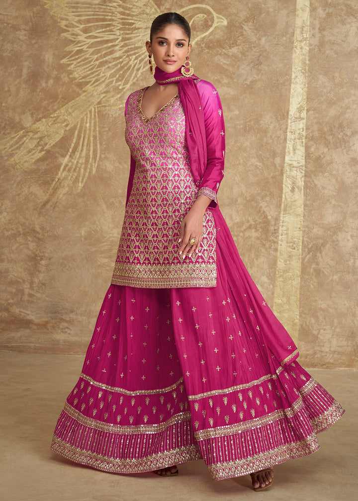 Shop Now Real Chinnon Silk Rani Pink Embroidered Sharara Suit Online at Empress Clothing in USA, UK, Canada, Germany, Australia & Worldwide.