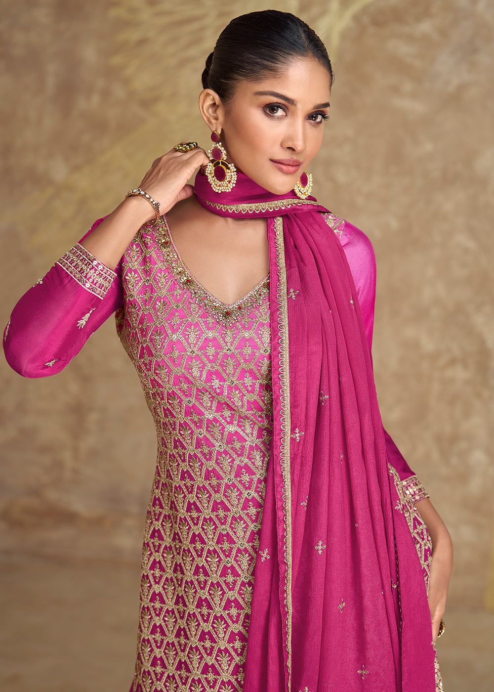 Shop Now Real Chinnon Silk Rani Pink Embroidered Sharara Suit Online at Empress Clothing in USA, UK, Canada, Germany, Australia & Worldwide.