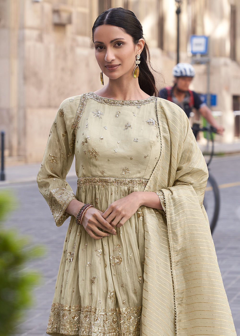 Shop Now Creamy Beige Shimmer Silk Embroidered Sharara Style Suit Online in USA, UK, Canada, France, Qatar, Germany, Italy, UAE & Worldwide at Empress Clothing.