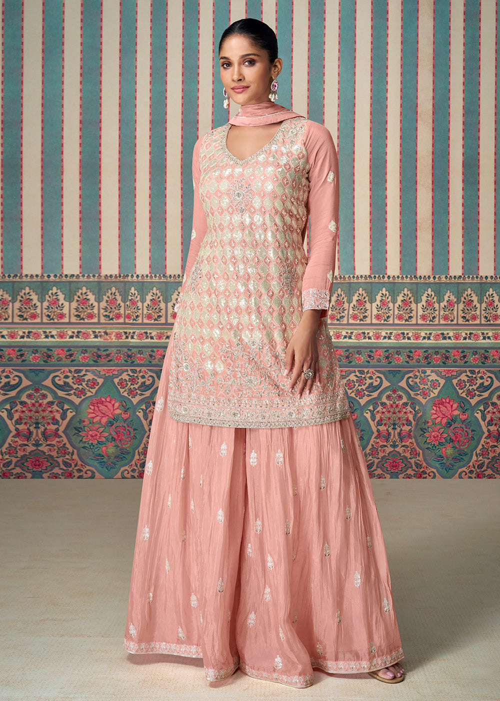 Shop Now Peachy Pink Premium Embroidered Designer Sharara Suit Online at Empress Clothing in USA, UK, Canada, Germany, Australia & Worldwide.