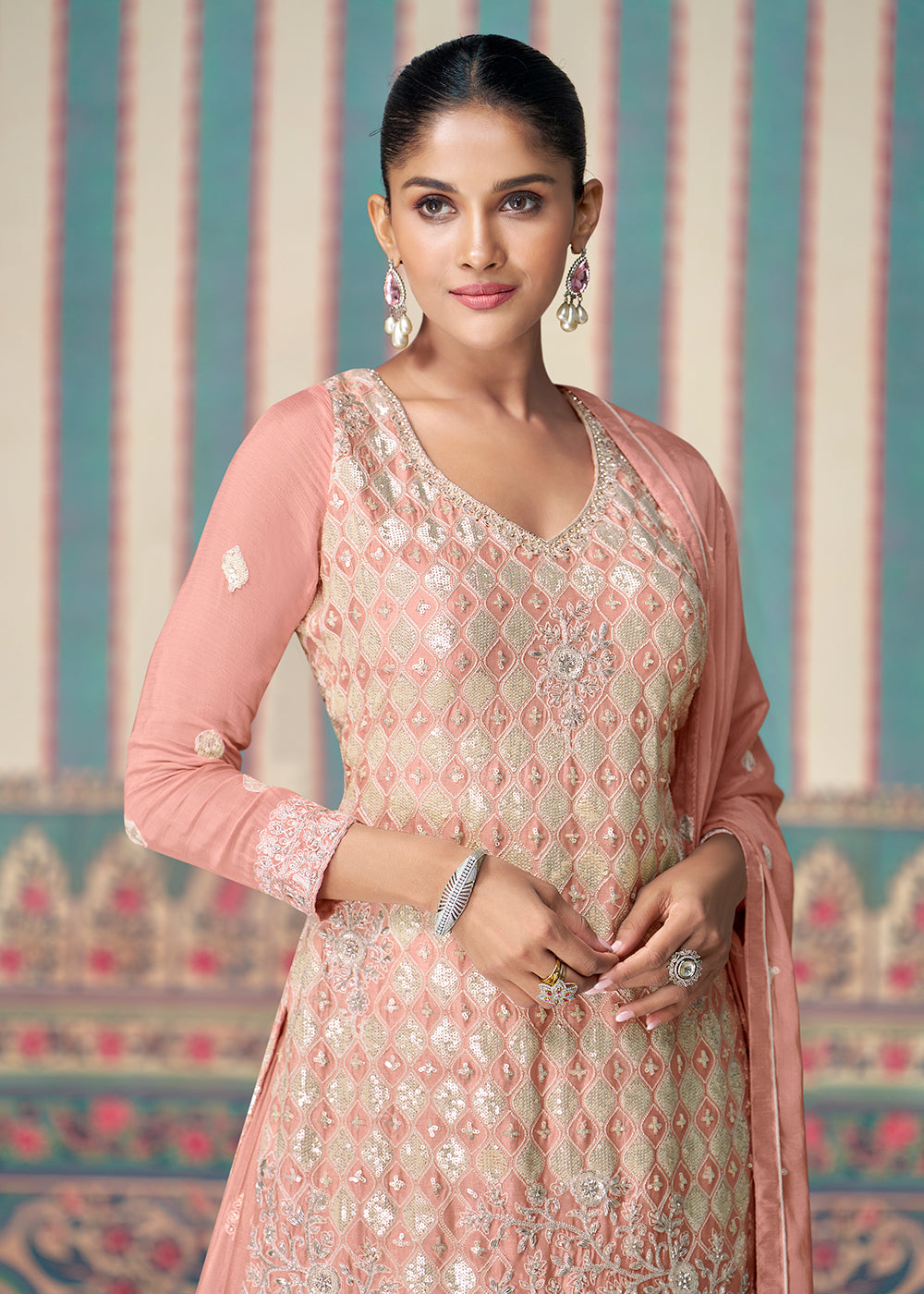 Shop Now Peachy Pink Premium Embroidered Designer Sharara Suit Online at Empress Clothing in USA, UK, Canada, Germany, Australia & Worldwide.