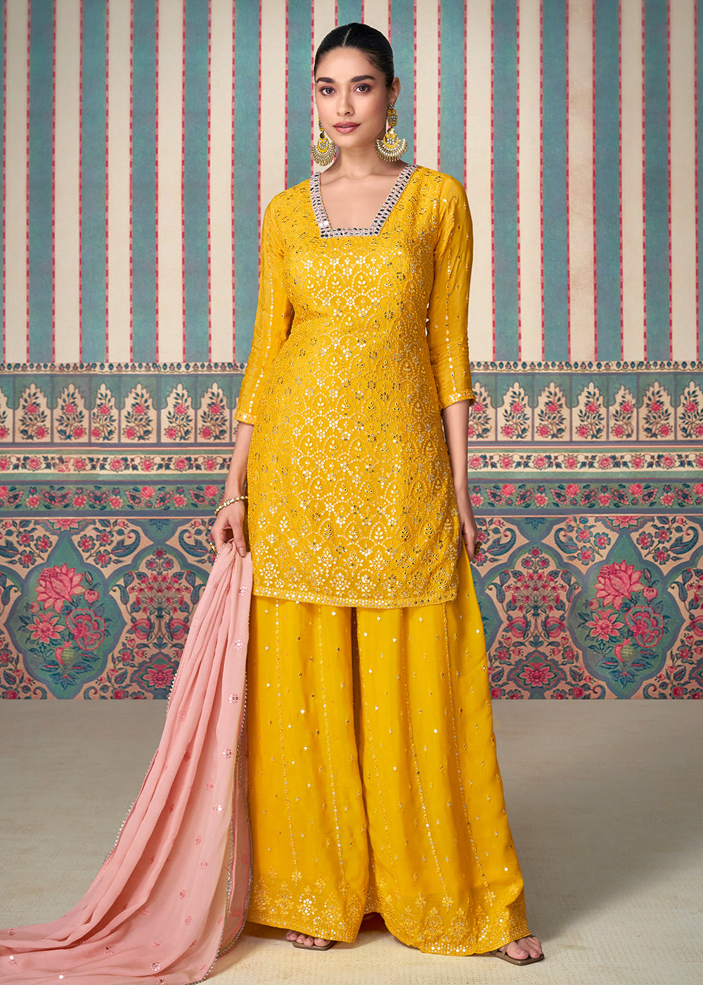 Shop Now Yellow Premium Embroidered Designer Sharara Suit Online at Empress Clothing in USA, UK, Canada, Germany, Australia & Worldwide.