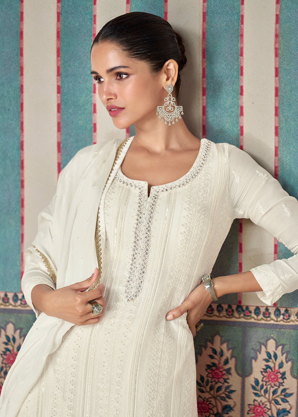 Shop Now White Premium Embroidered Designer Sharara Suit Online at Empress Clothing in USA, UK, Canada, Germany, Australia & Worldwide. 