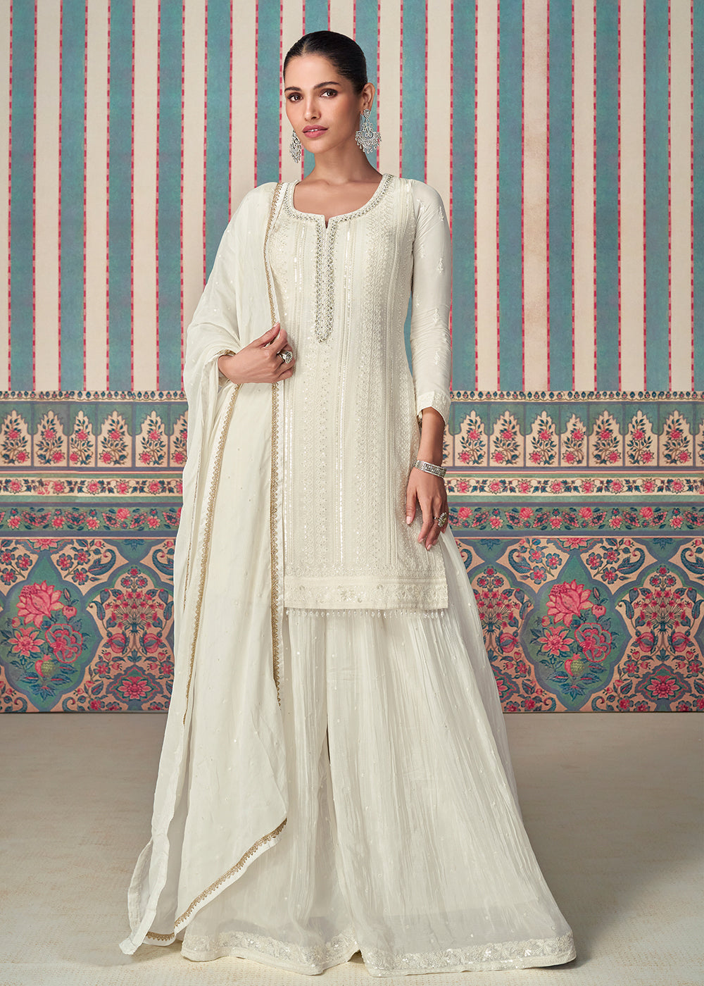 Shop Now White Premium Embroidered Designer Sharara Suit Online at Empress Clothing in USA, UK, Canada, UAE, Australia & Worldwide. 