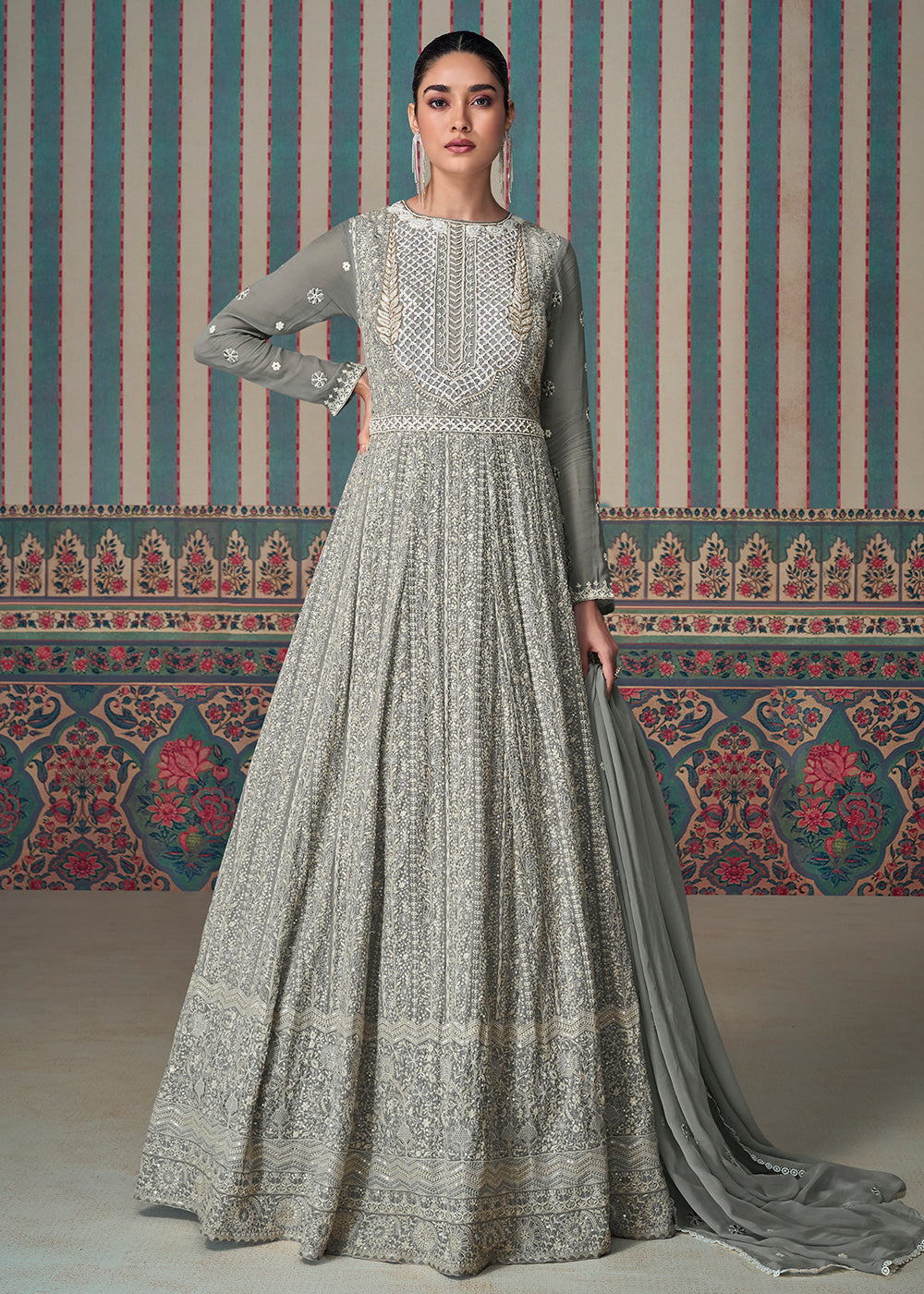 Buy Now Chikankari Embroidered Grey Georgette Wedding Anarkali Suit Online in USA, UK, Australia, UAE, France, Italy, Canada & Worldwide at Empress Clothing.