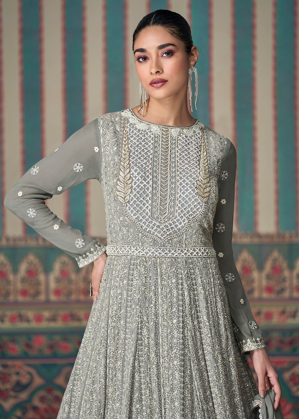 Buy Now Chikankari Embroidered Grey Georgette Wedding Anarkali Suit Online in USA, UK, Australia, UAE, France, Italy, Canada & Worldwide at Empress Clothing.