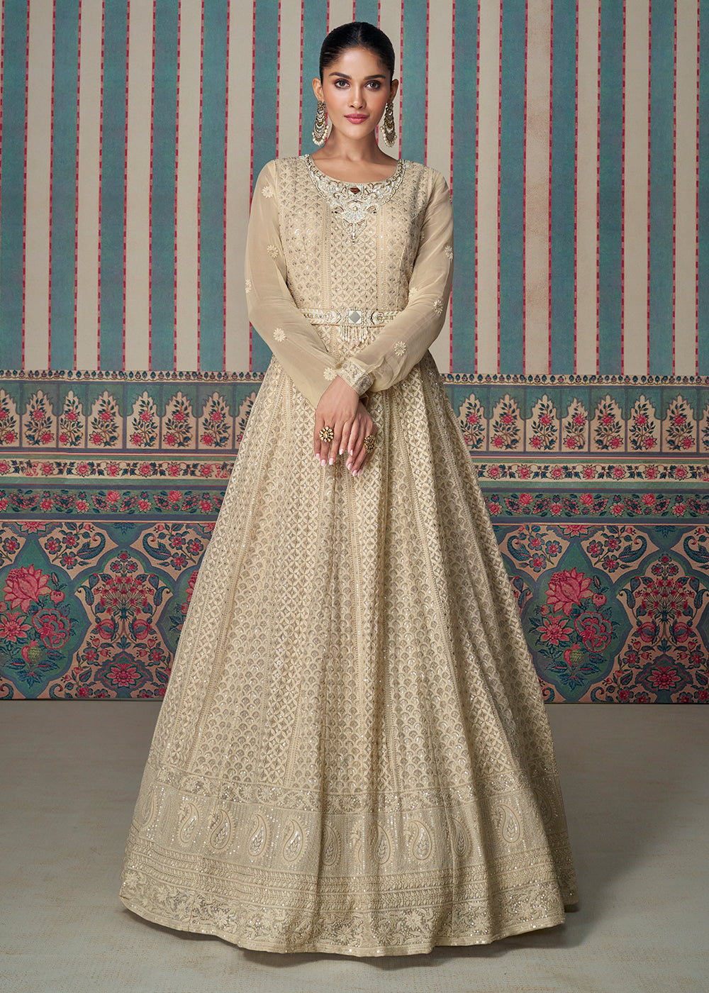 Buy Now Chikankari Embroidered Beige Georgette Wedding Anarkali Suit Online in USA, UK, Australia, UAE, France, Italy, Canada & Worldwide at Empress Clothing.