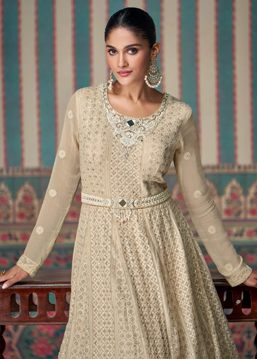 Buy Now Chikankari Embroidered Beige Georgette Wedding Anarkali Suit Online in USA, UK, Australia, UAE, France, Italy, Canada & Worldwide at Empress Clothing.