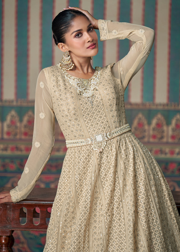 Buy Now Chikankari Embroidered Beige Georgette Wedding Anarkali Suit Online in USA, UK, Australia, UAE, France, Italy, Canada & Worldwide at Empress Clothing.