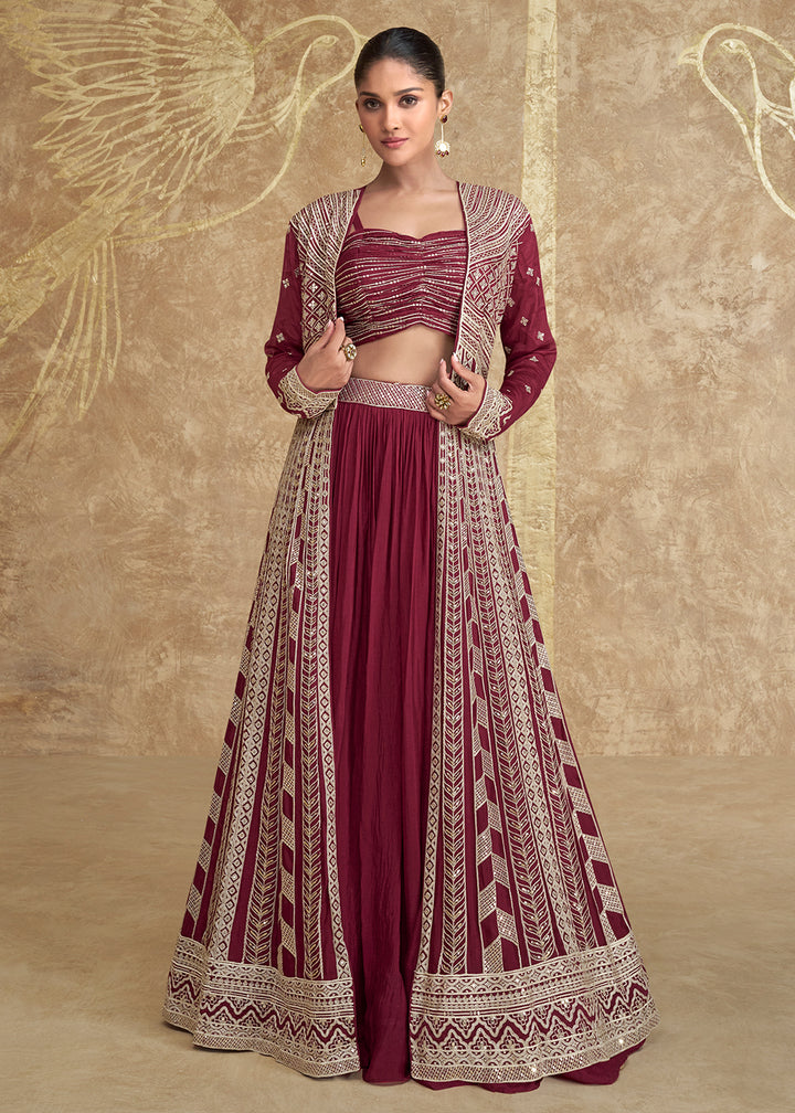 Buy Now Jacket Style Maroon Embroidered Festive Lehenga Choli Online in USA, UK, Canada, UAE & Worldwide at Empress Clothing. 