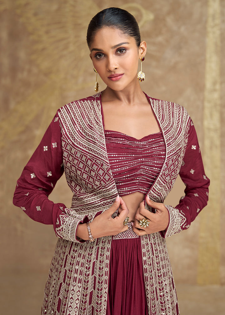 Buy Now Jacket Style Maroon Embroidered Festive Lehenga Choli Online in USA, UK, Canada, UAE & Worldwide at Empress Clothing. 