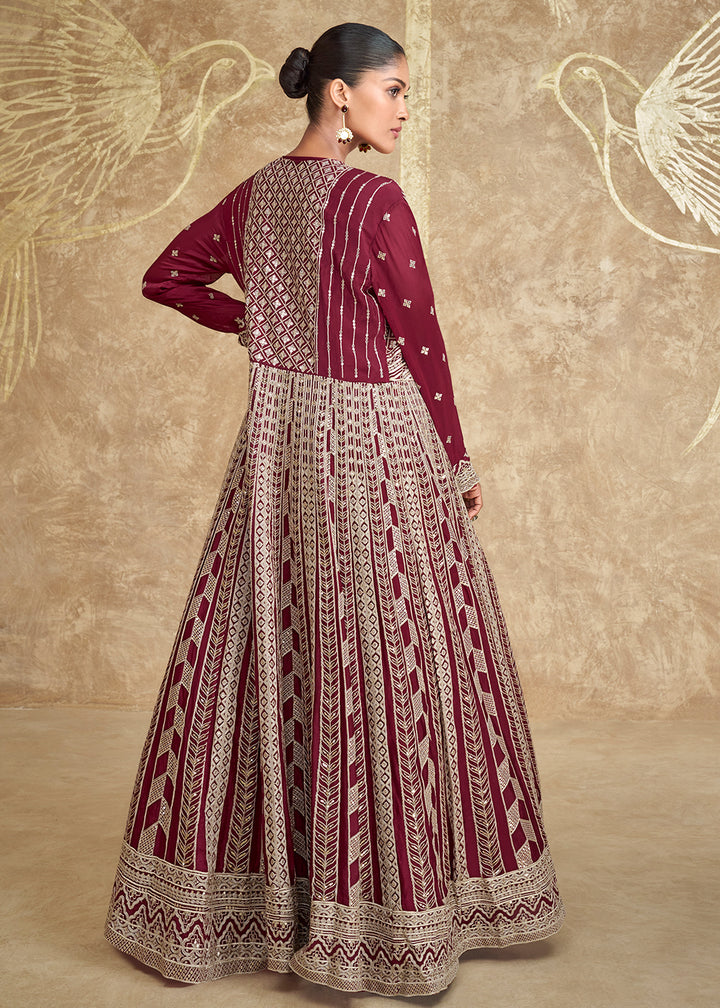 Buy Now Jacket Style Maroon Embroidered Festive Lehenga Choli Online in USA, UK, Canada, UAE & Worldwide at Empress Clothing. 