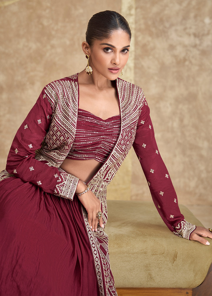 Buy Now Jacket Style Maroon Embroidered Festive Lehenga Choli Online in USA, UK, Canada, UAE & Worldwide at Empress Clothing. 