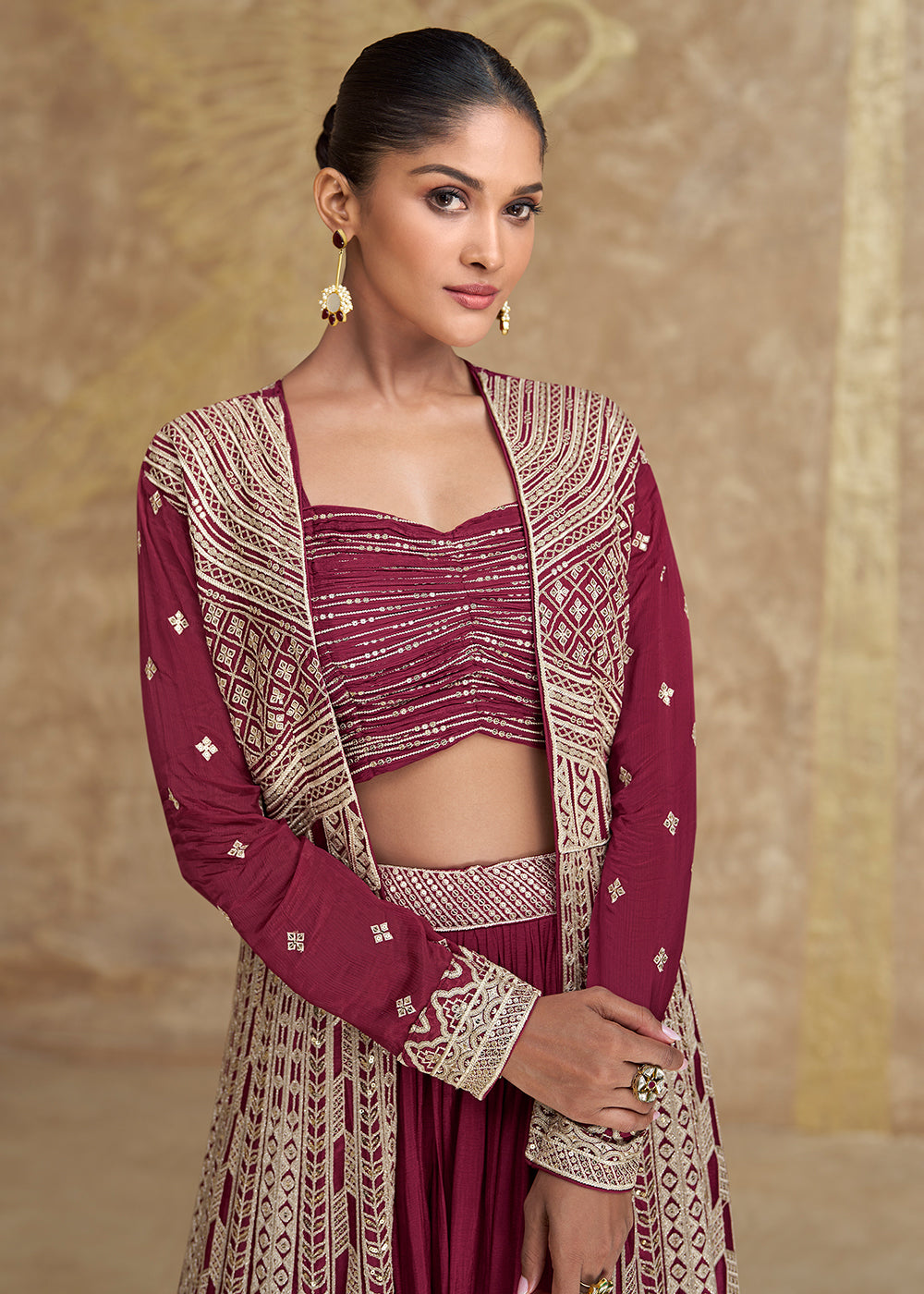 Buy Now Jacket Style Maroon Embroidered Festive Lehenga Choli Online in USA, UK, Canada, UAE & Worldwide at Empress Clothing. 