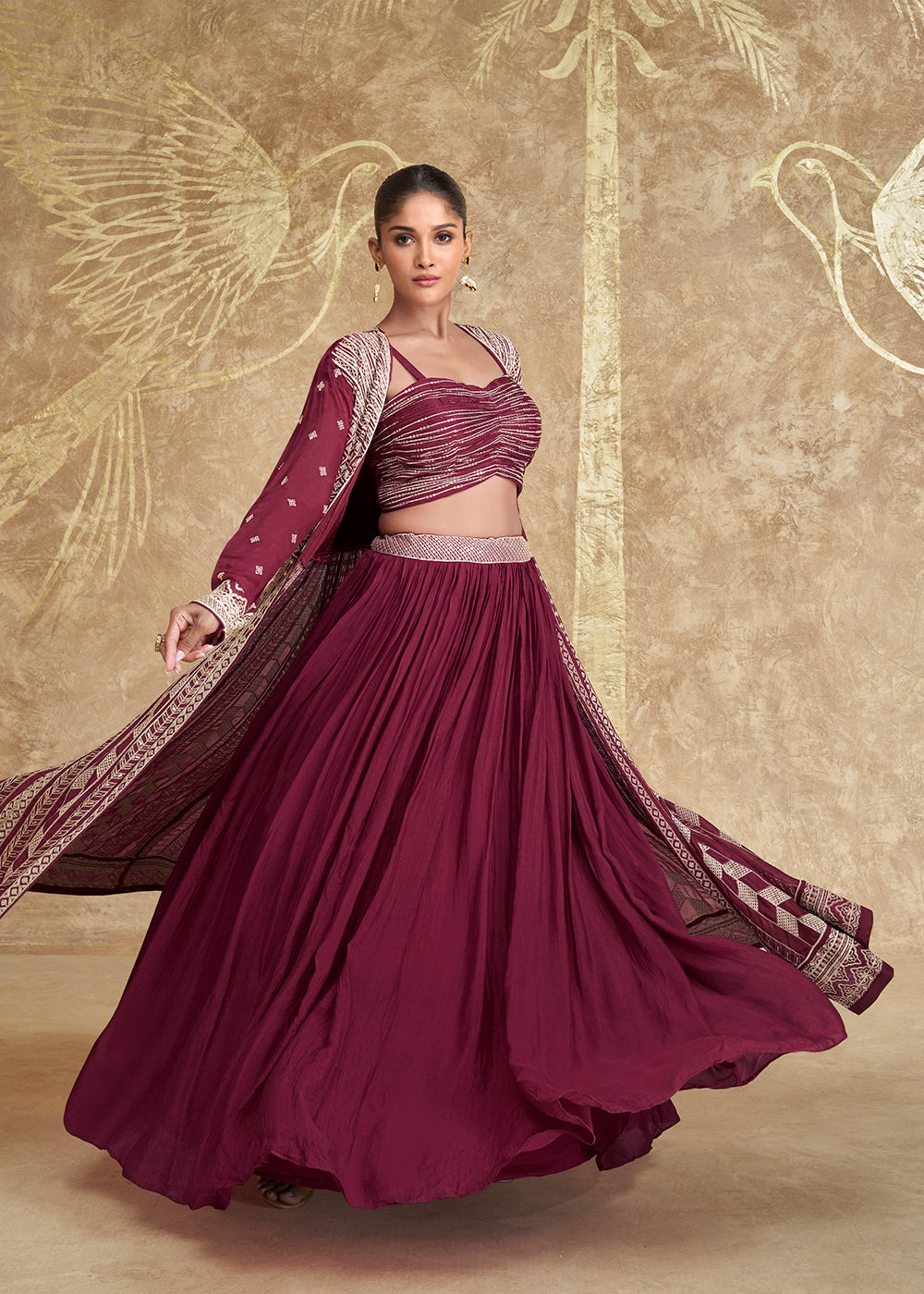 Buy Now Jacket Style Maroon Embroidered Festive Lehenga Choli Online in USA, UK, Canada, UAE & Worldwide at Empress Clothing. 