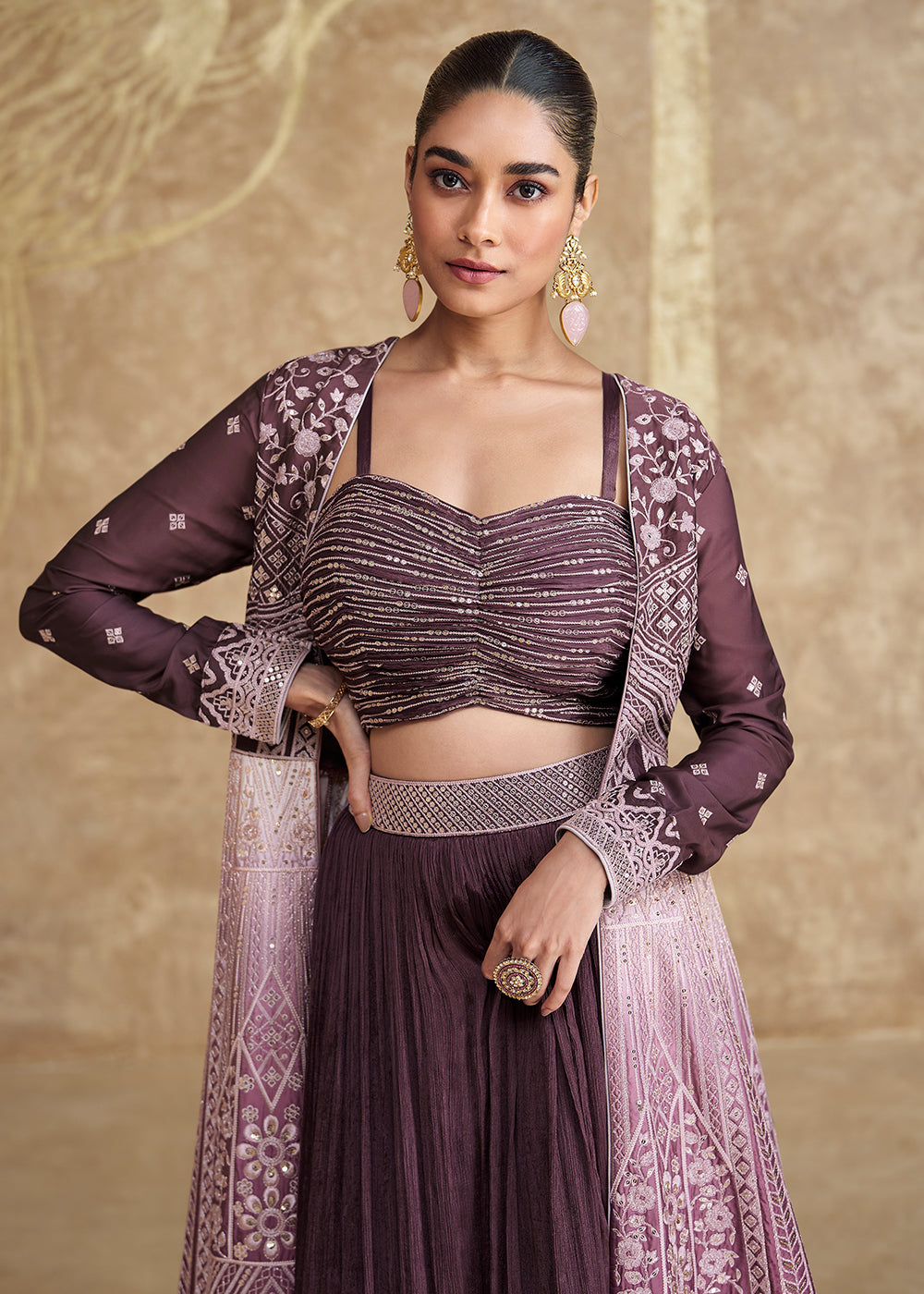 Buy Now Jacket Style Purple Embroidered Festive Lehenga Choli Online in USA, UK, Canada, UAE & Worldwide at Empress Clothing. 