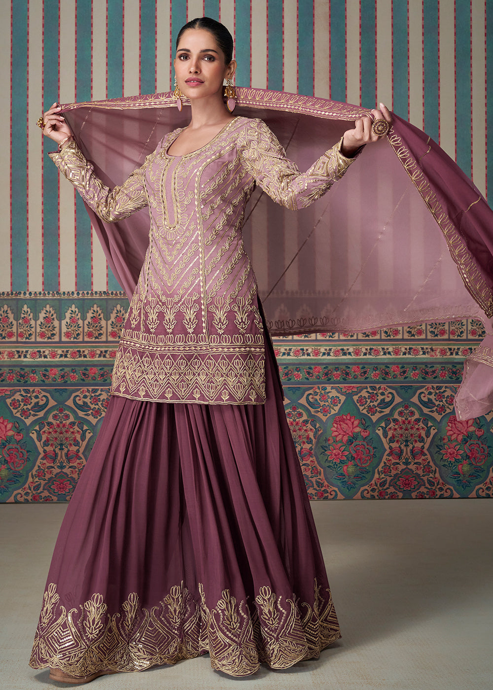 Shop Now Pink & Peach Embroidered Wedding Wear Sharara Suit Online at Empress Clothing in USA, UK, Canada, Germany, UAE & Worldwide. 