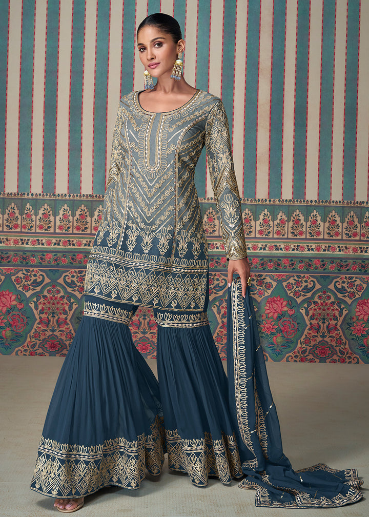 Shop Now Blue & Grey Embroidered Wedding Wear Gharara Suit Online at Empress Clothing in USA, UK, Canada, Germany, UAE & Worldwide.