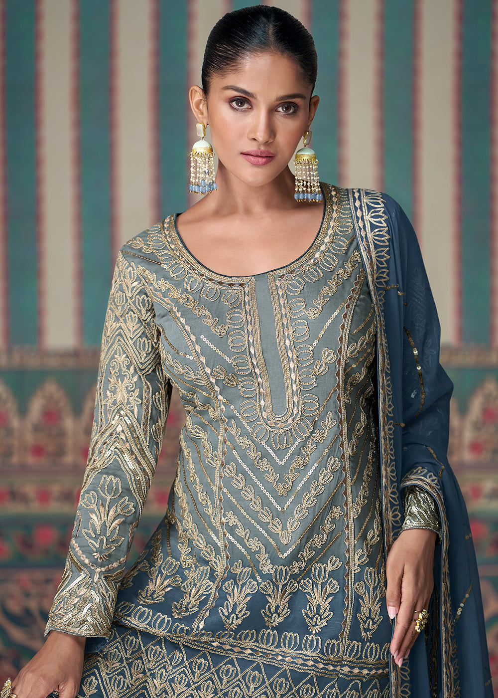 Shop Now Blue & Grey Embroidered Wedding Wear Gharara Suit Online at Empress Clothing in USA, UK, Canada, Germany, UAE & Worldwide.