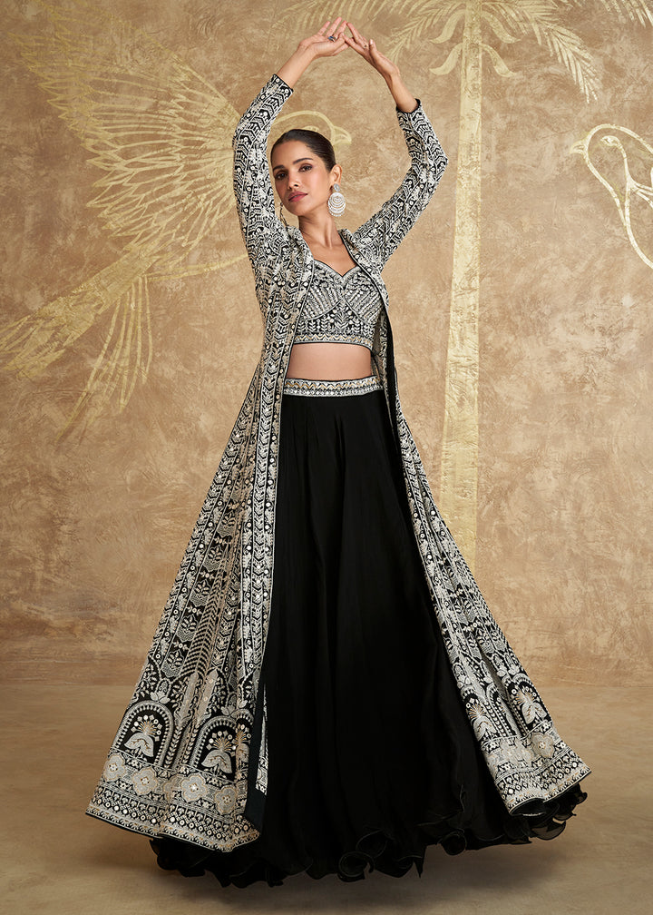 Buy Now Black Georgette Embroidered Jacket Style Lehenga Choli Online in USA, UK, Canada & Worldwide at Empress Clothing. 