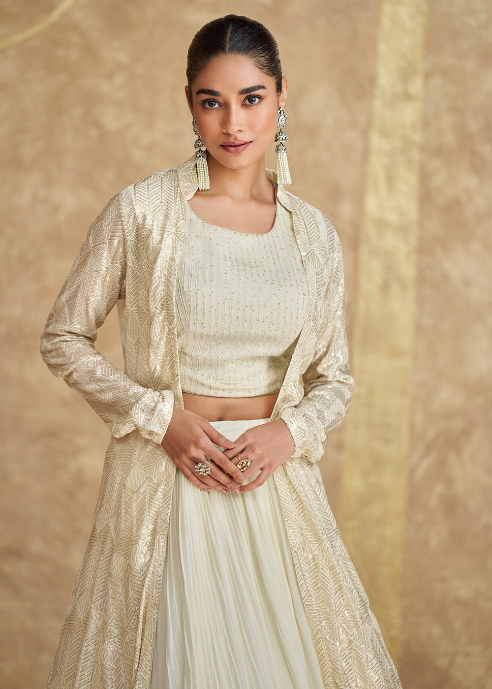 Buy Now Cream Georgette Embroidered Jacket Style Lehenga Choli Online in USA, UK, Canada, UAE & Worldwide at Empress Clothing.