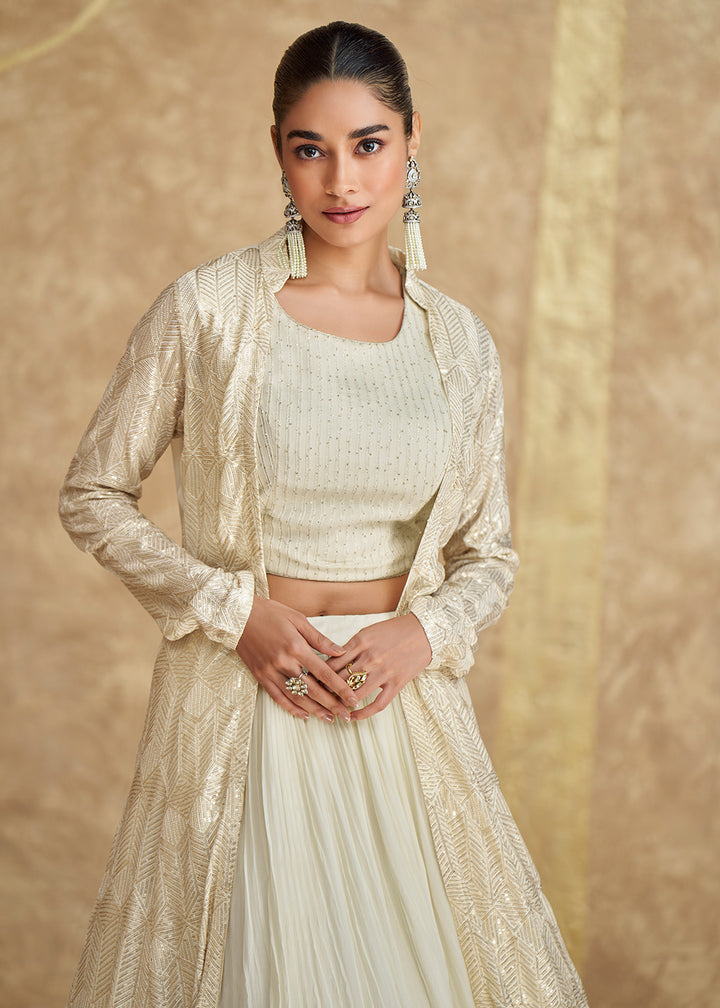 Buy Now Cream Georgette Embroidered Jacket Style Lehenga Choli Online in USA, UK, Canada, UAE & Worldwide at Empress Clothing.