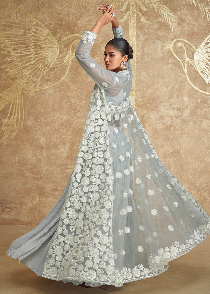 Buy Now Grey Georgette Embroidered Jacket Style Lehenga Choli Online in USA, UK, Canada, UAE & Worldwide at Empress Clothing.