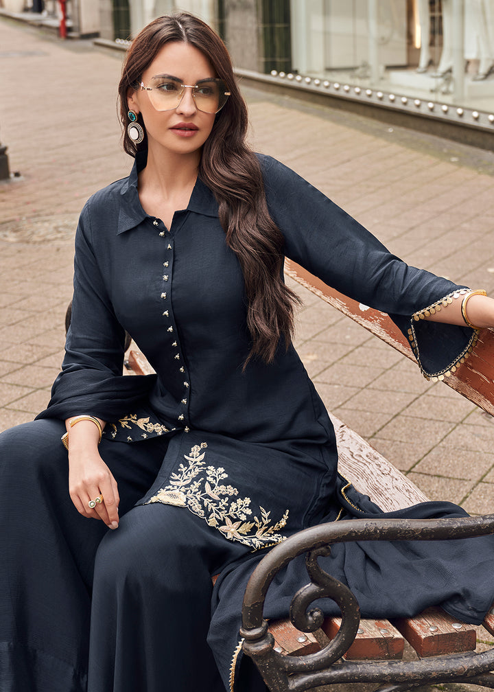 Shop Now Black Viscose Jacquard Silk Festive Style Sharara Suit Online at Empress Clothing in USA, UK, Canada, Germany, UAE & Worldwide.