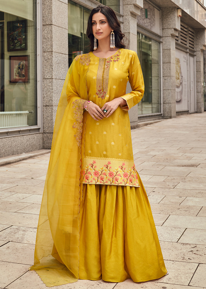 Shop Now Yellow Viscose Jacquard Silk Festive Style Gharara Suit Online at Empress Clothing in USA, UK, Canada, Germany, UAE & Worldwide. 