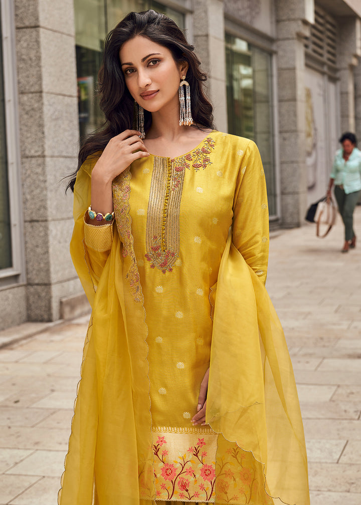 Shop Now Yellow Viscose Jacquard Silk Festive Style Gharara Suit Online at Empress Clothing in USA, UK, Canada, Germany, UAE & Worldwide. 