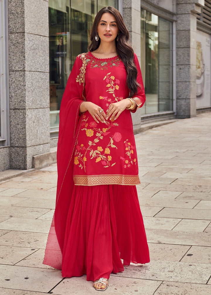 Shop Now Pink Viscose Jacquard Silk Festive Style Sharara Suit Online at Empress Clothing in USA, UK, Canada, Germany, UAE & Worldwide. 