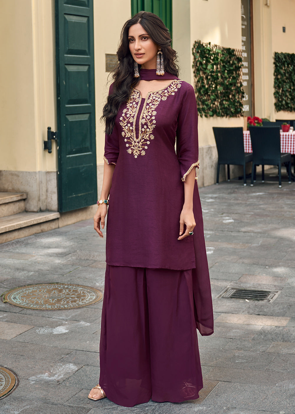 Shop Now Purple Viscose Jacquard Silk Festive Style Sharara Suit Online at Empress Clothing in USA, UK, Canada, Germany, UAE & Worldwide. 