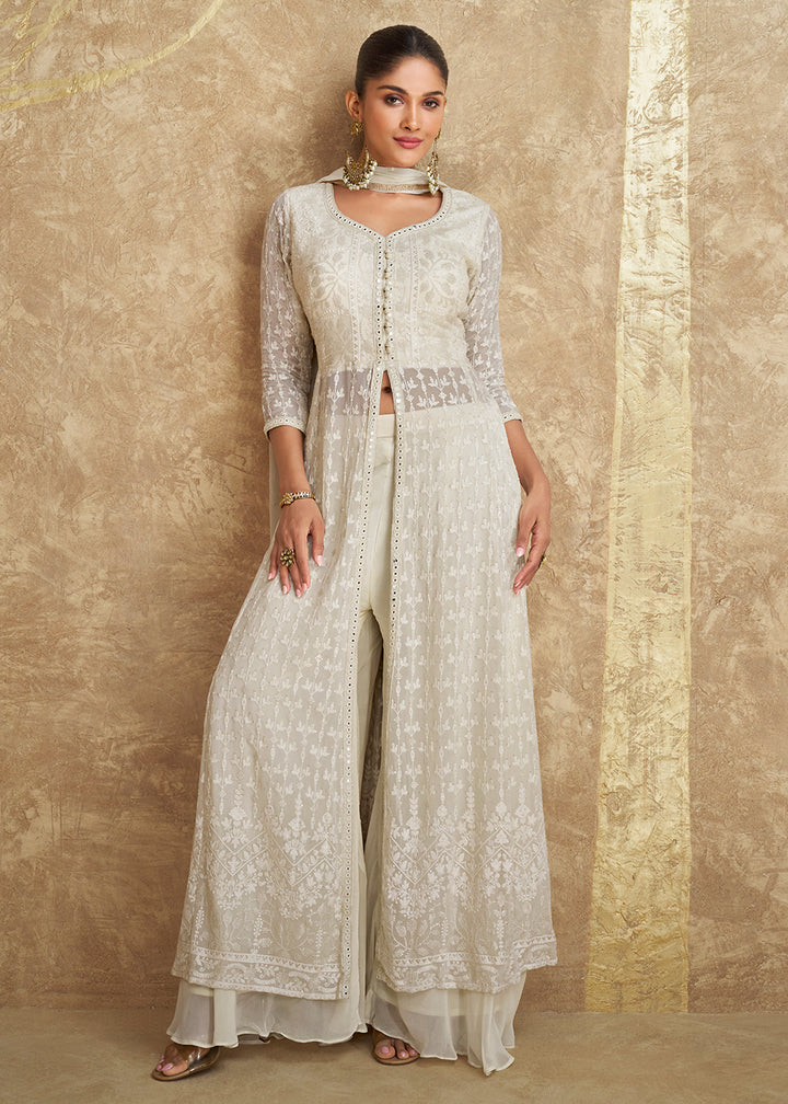 Buy Now Indo Western Style Ivory White Designer Palazzo Suit Online in USA, UK, Canada, Germany, Dubai & Worldwide at Empress Clothing. 