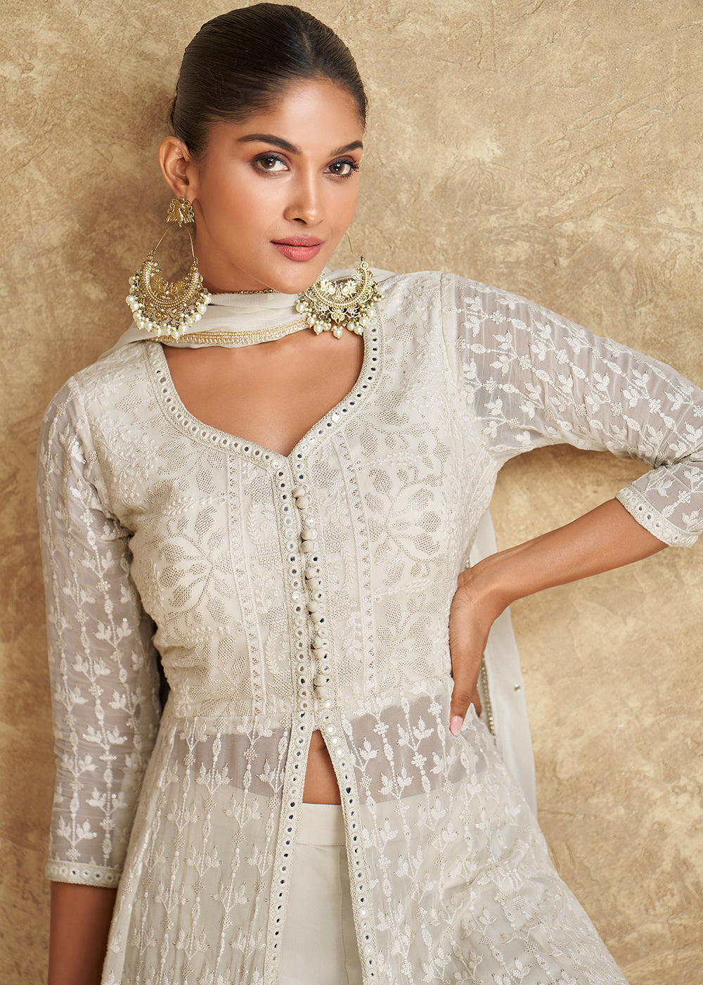 Indo Western Style Ivory White Designer Palazzo Suit Indo Western Style Ivory White Designer Palazzo Suit