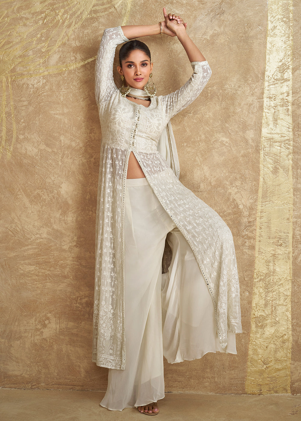 Buy Now Indo Western Style Ivory White Designer Palazzo Suit Online in USA, UK, Canada, Germany, Dubai & Worldwide at Empress Clothing. 