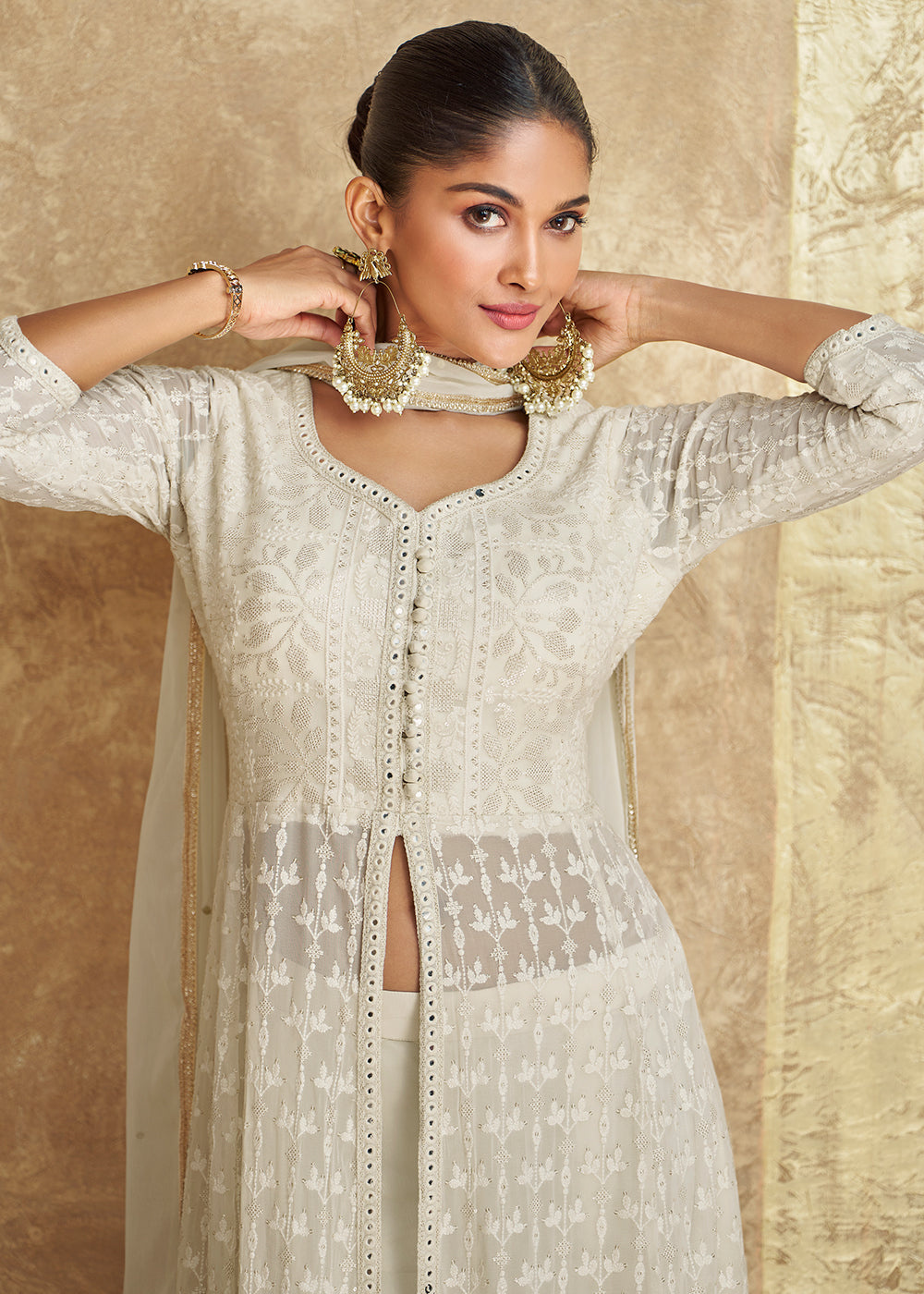 Buy Now Indo Western Style Ivory White Designer Palazzo Suit Online in USA, UK, Canada, Germany, Dubai & Worldwide at Empress Clothing. 