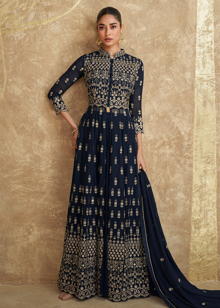 Buy Now Indo Western Style Navy Blue Designer Palazzo Suit Online in USA, UK, Canada, Germany, Dubai & Worldwide at Empress Clothing. 