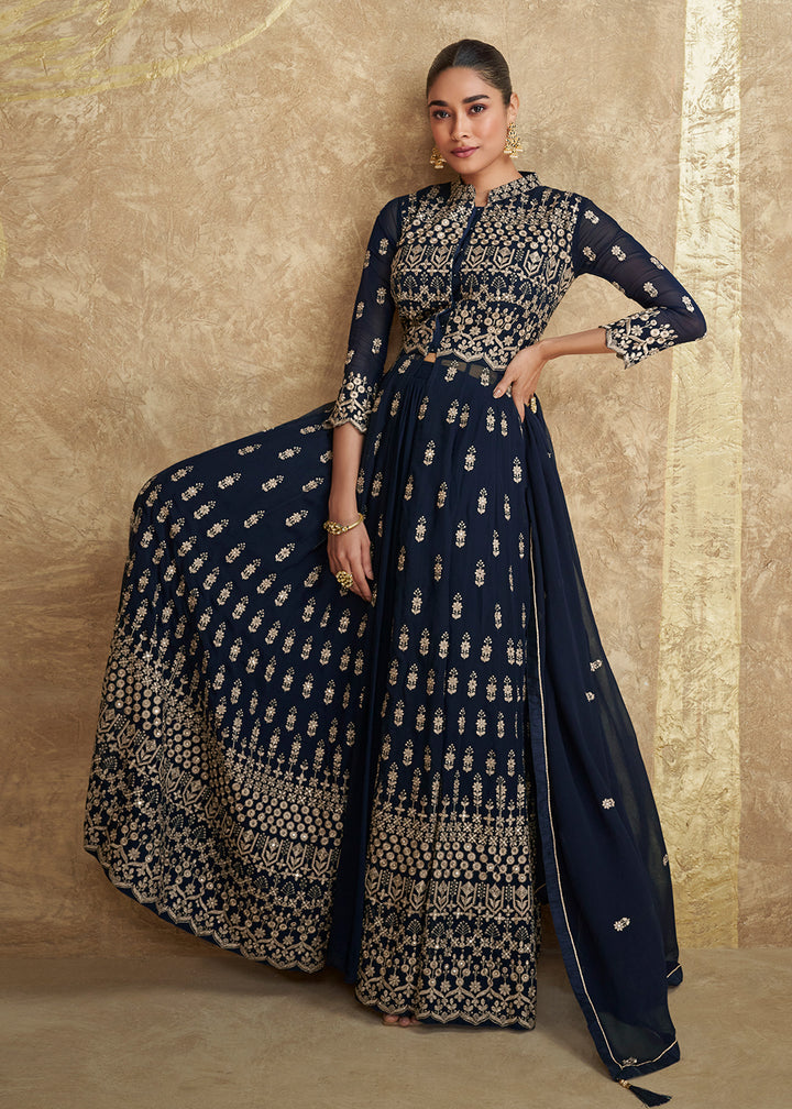 Buy Now Indo Western Style Navy Blue Designer Palazzo Suit Online in USA, UK, Canada, Germany, Dubai & Worldwide at Empress Clothing. 