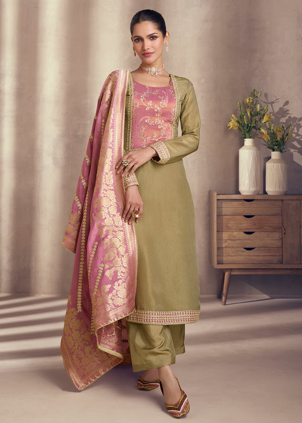 Buy Now Khaki Beige Shimmer Silk Wedding Festive Salwar Kameez Online in USA, UK, Canada, Germany, Italy & Worldwide at Empress Clothing.