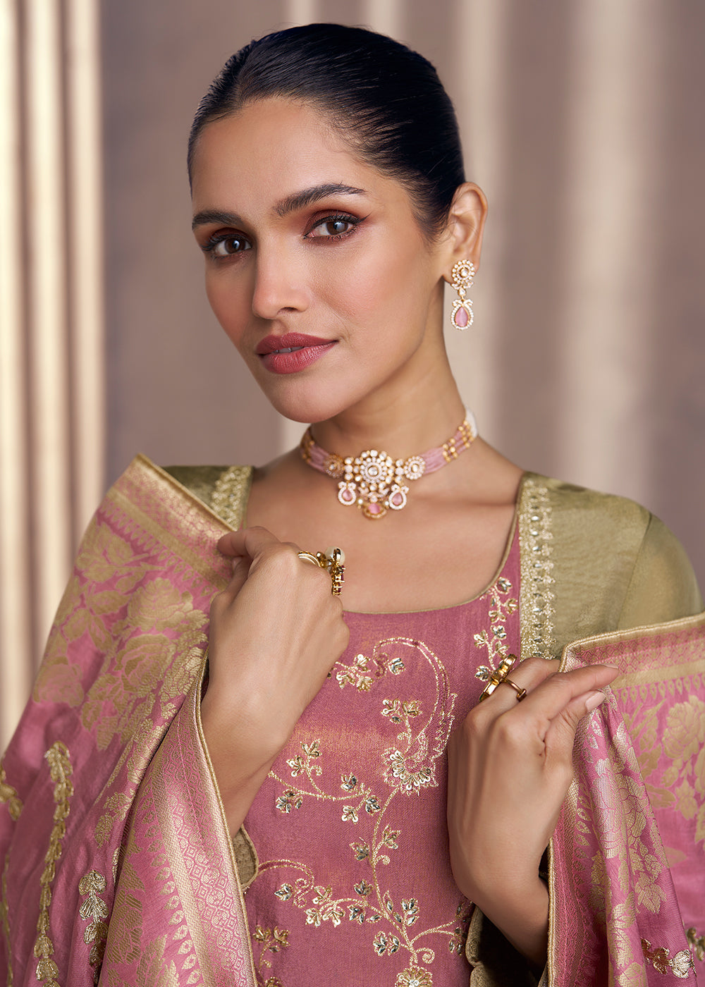 Buy Now Khaki Beige Shimmer Silk Wedding Festive Salwar Kameez Online in USA, UK, Canada, Germany, Italy & Worldwide at Empress Clothing.