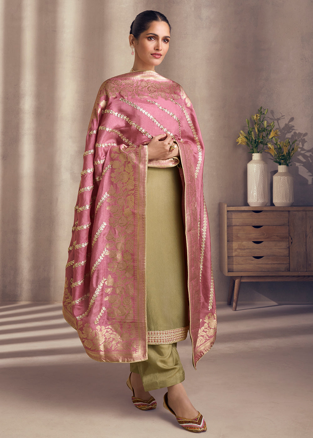 Buy Now Khaki Beige Shimmer Silk Wedding Festive Salwar Kameez Online in USA, UK, Canada, Germany, Italy & Worldwide at Empress Clothing.