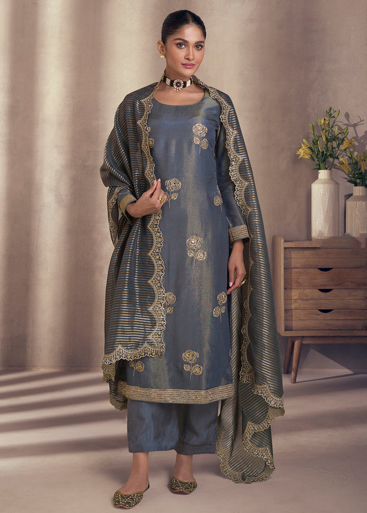 Buy Now Slate Grey Shimmer Silk Wedding Festive Salwar Kameez Online in USA, UK, Canada, Germany, Italy & Worldwide at Empress Clothing. 