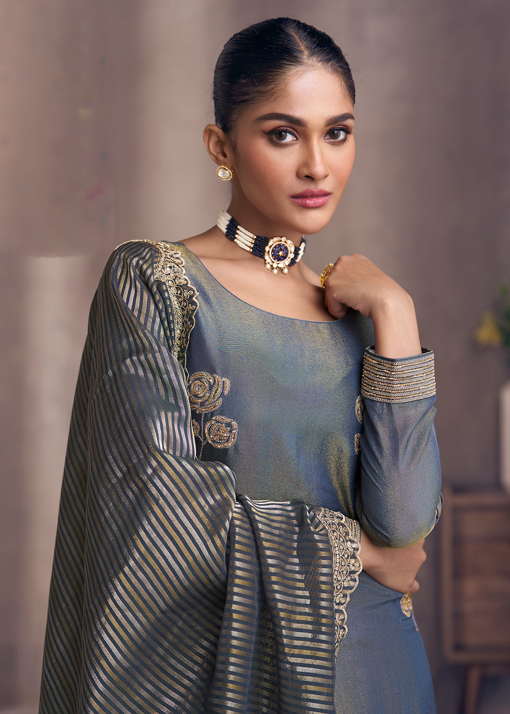 Buy Now Slate Grey Shimmer Silk Wedding Festive Salwar Kameez Online in USA, UK, Canada, Germany, Italy & Worldwide at Empress Clothing. 