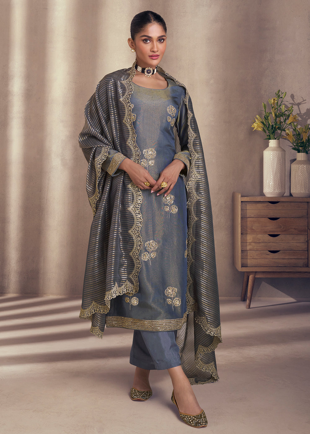 Buy Now Slate Grey Shimmer Silk Wedding Festive Salwar Kameez Online in USA, UK, Canada, Germany, Italy & Worldwide at Empress Clothing. 