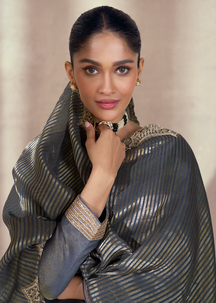 Buy Now Slate Grey Shimmer Silk Wedding Festive Salwar Kameez Online in USA, UK, Canada, Germany, Italy & Worldwide at Empress Clothing. 