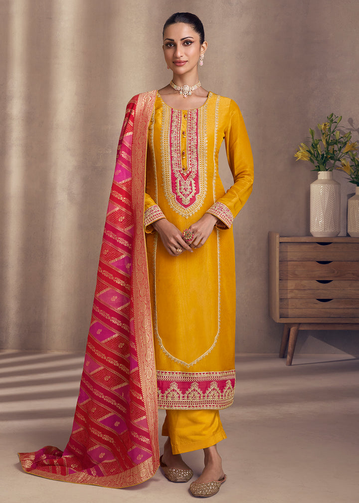 Buy Now Gold Yellow Shimmer Silk Wedding Festive Salwar Kameez Online in USA, UK, Canada, Germany, Italy & Worldwide at Empress Clothing.