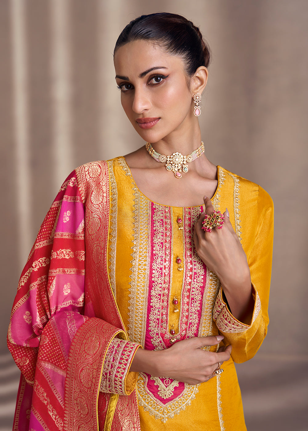 Buy Now Gold Yellow Shimmer Silk Wedding Festive Salwar Kameez Online in USA, UK, Canada, Germany, Italy & Worldwide at Empress Clothing.