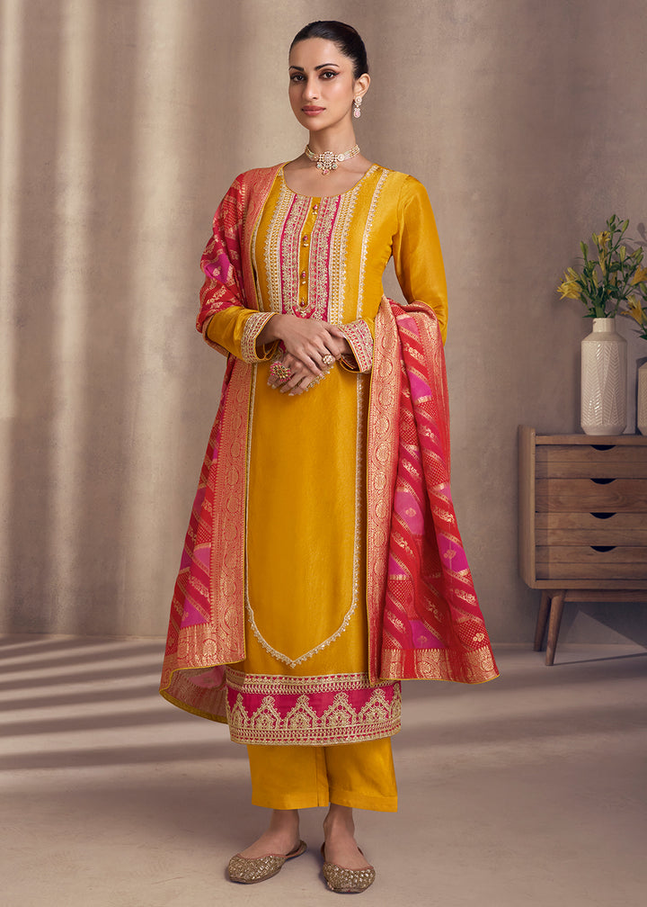 Buy Now Gold Yellow Shimmer Silk Wedding Festive Salwar Kameez Online in USA, UK, Canada, Germany, Italy & Worldwide at Empress Clothing.